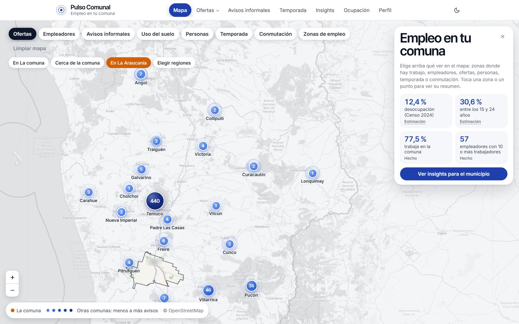 Mapa de empleo de una comuna con capas de ofertas, empleadores, temporada y personas.