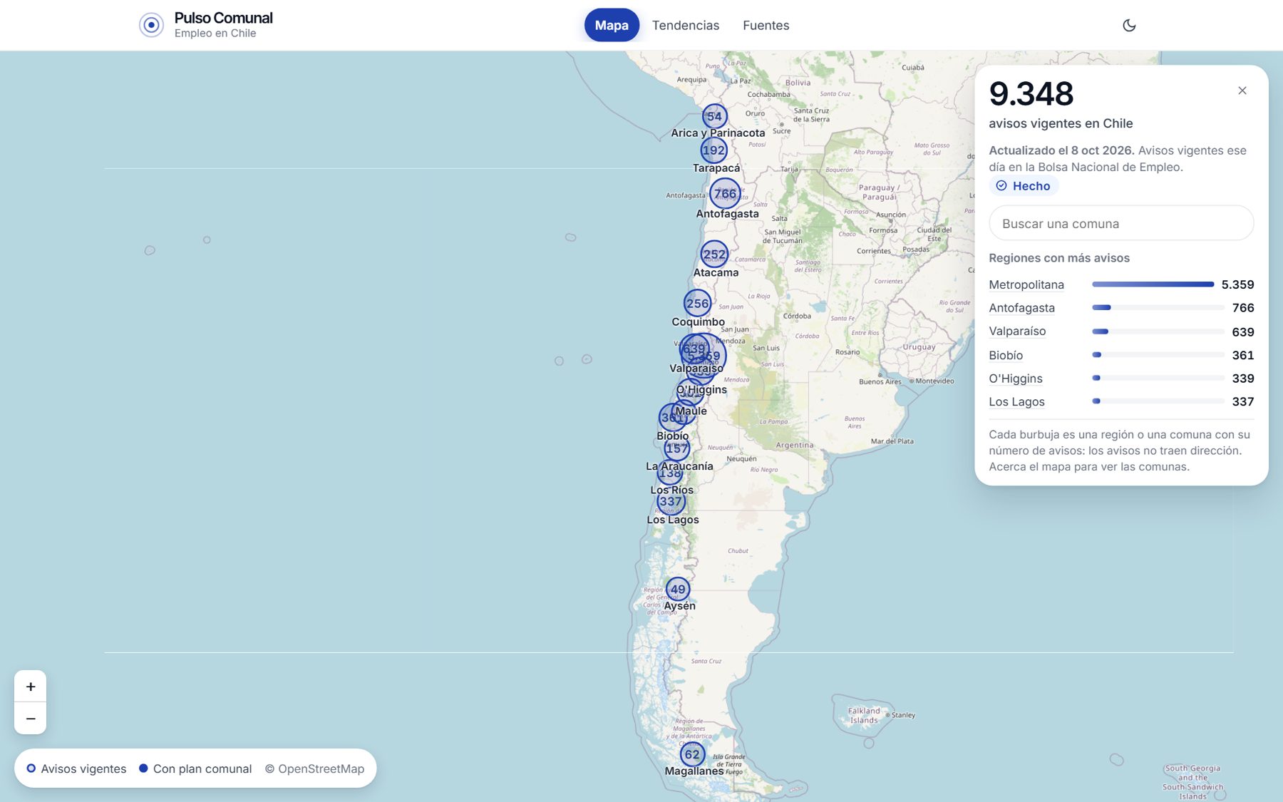 Mapa de Chile con los avisos vigentes por región.