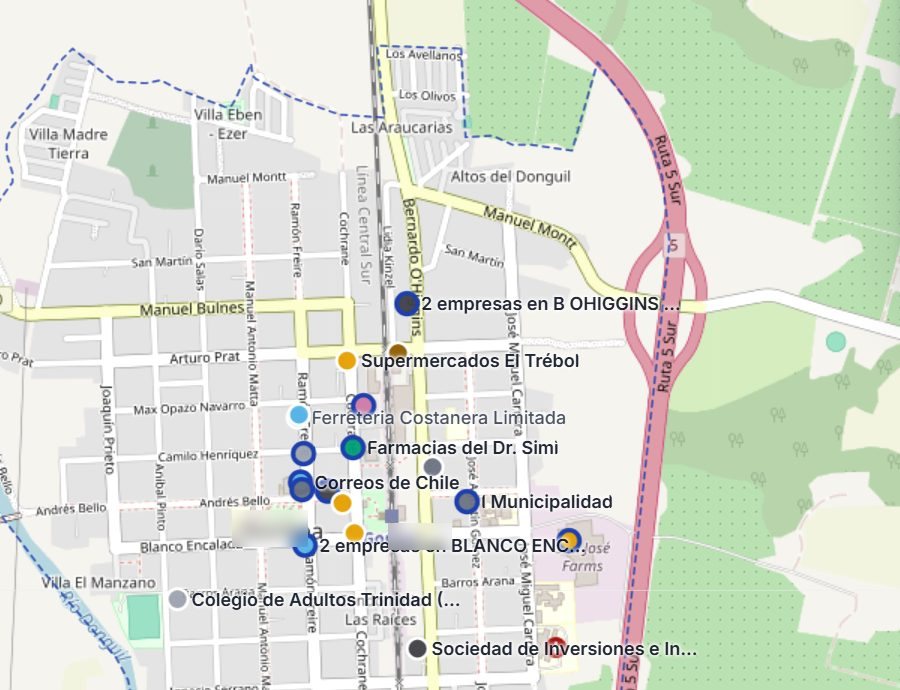 Mapa de empleadores de una comuna, con los que reciben postulaciones en línea destacados.